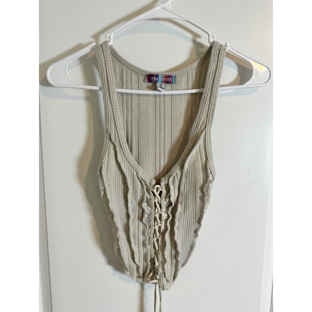 Urban Outfitters Lace Up Ribbed Tank Top Women's Beige Sleeveless Casual‎